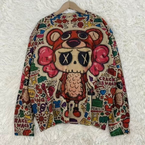 Womens Pullover Sweater Small Beige Red Stretch Crew Neck Print Bear Dolls Relax - Picture 7 of 16